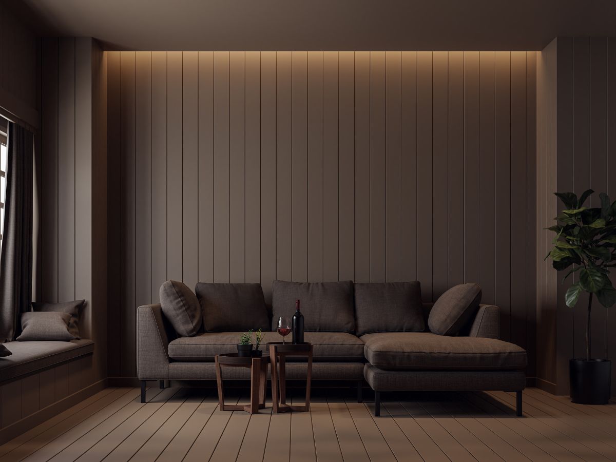 custom maple wood board as accent wall in living room