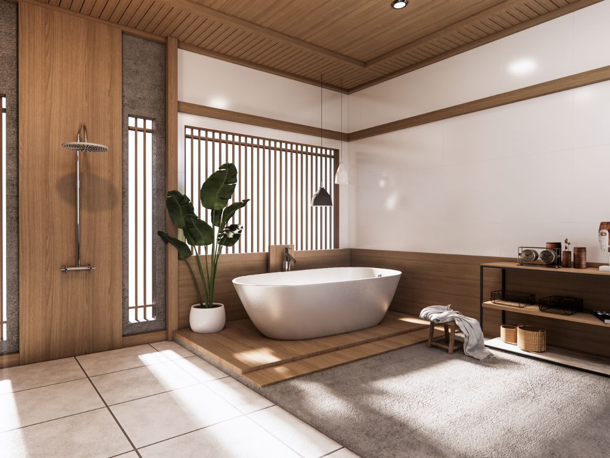 custom wood board as ceiling accent in bathroom